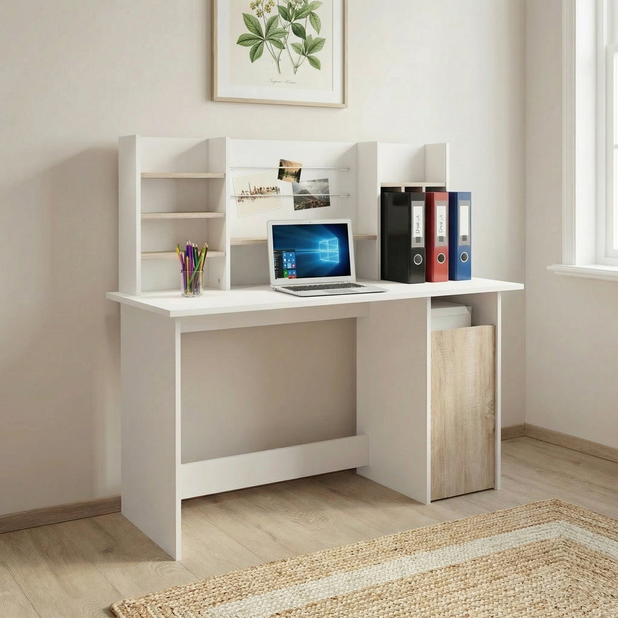 Renee White and Brushed Oak Office Desk with Hutch and Storage - FurniComp