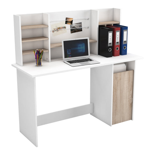 Renee White and Brushed Oak Office Desk with Hutch and Storage - FurniComp