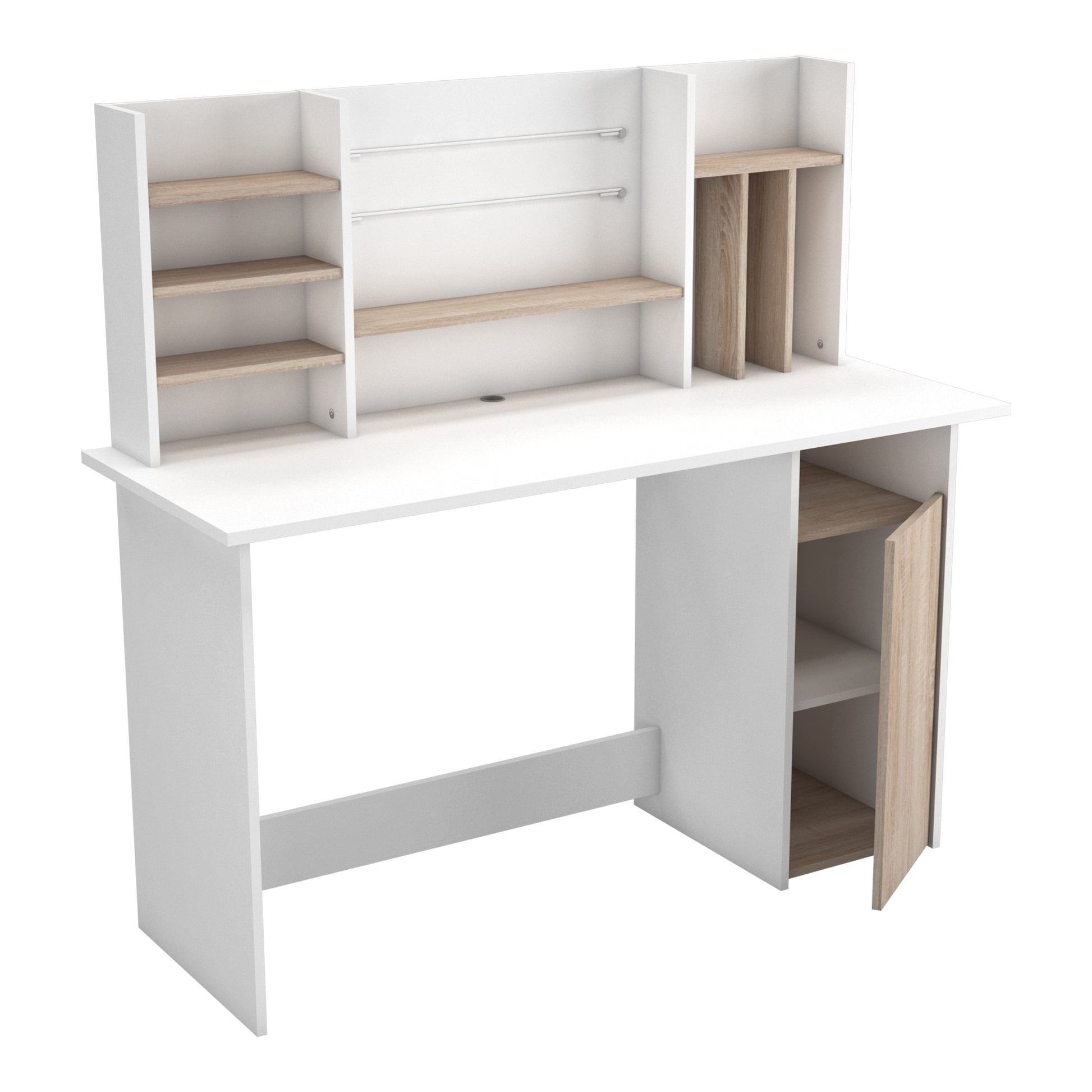 Renee White and Brushed Oak Office Desk with Hutch and Storage - FurniComp