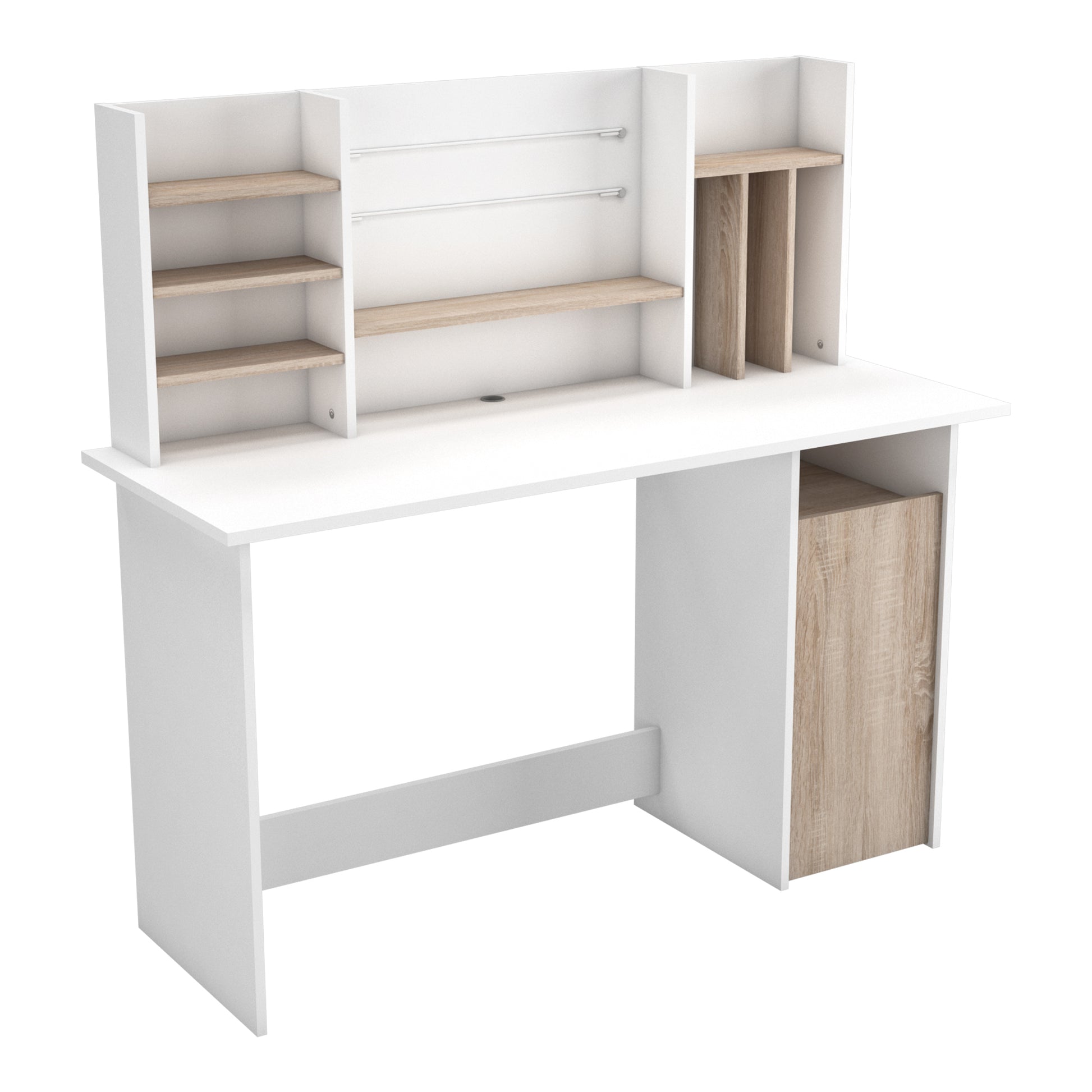 Renee White and Brushed Oak Office Desk with Hutch and Storage - FurniComp