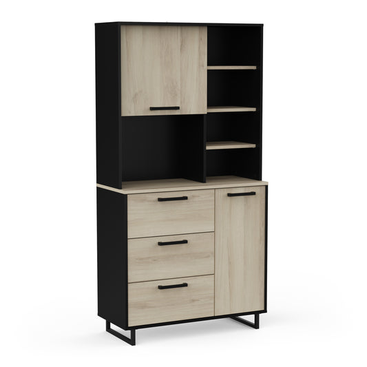 Rhodes Tall Kitchen Pantry Cupboard with Microwave Shelf- Kronberg Oak & Black - FurniComp