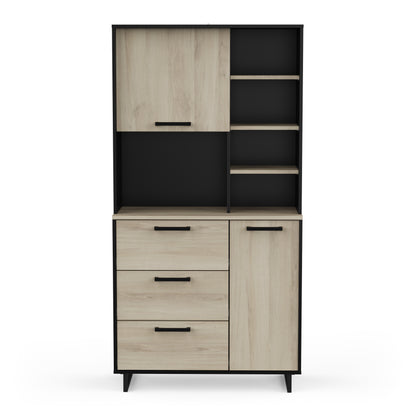 Rhodes Tall Kitchen Pantry Cupboard with Microwave Shelf- Kronberg Oak & Black - FurniComp