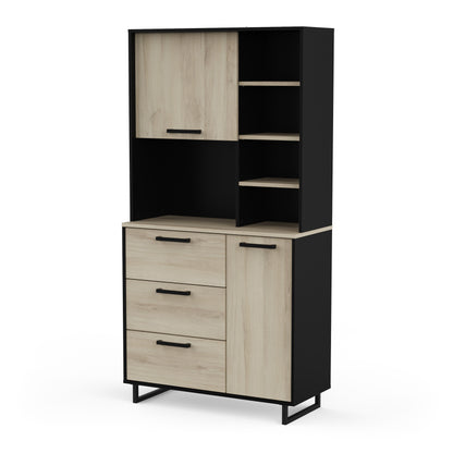 Rhodes Tall Kitchen Pantry Cupboard with Microwave Shelf- Kronberg Oak & Black - FurniComp