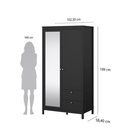 Rowan 100cm 2 Door 2 Drawer Mirrored Wardrobe-Black - FurniComp