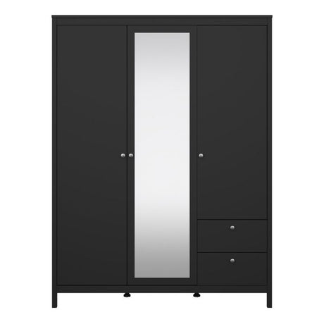 Rowan 150cm 3 Door 2 Drawer Mirrored Wardrobe-Black - FurniComp