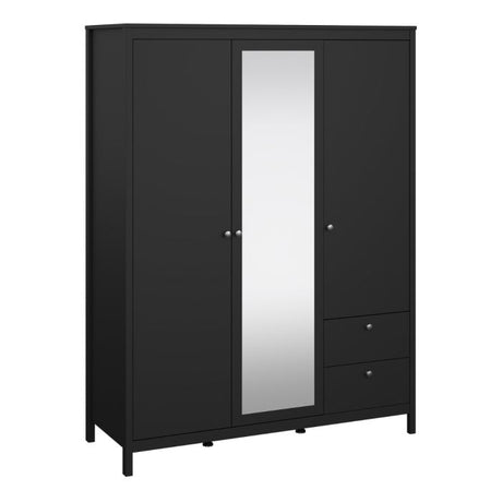 Rowan 150cm 3 Door 2 Drawer Mirrored Wardrobe-Black - FurniComp