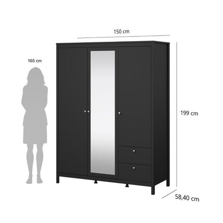 Rowan 150cm 3 Door 2 Drawer Mirrored Wardrobe-Black - FurniComp