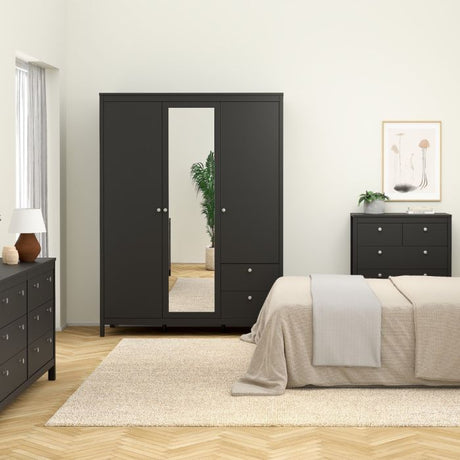 Rowan 150cm 3 Door 2 Drawer Mirrored Wardrobe-Black - FurniComp