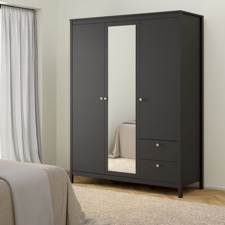 Rowan 150cm 3 Door 2 Drawer Mirrored Wardrobe-Black - FurniComp