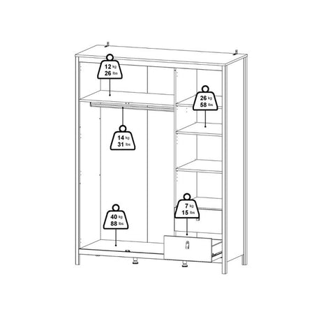 Rowan 150cm 3 Door 2 Drawer Mirrored Wardrobe-White - FurniComp