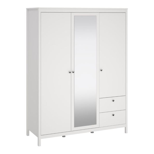 Rowan 150cm 3 Door 2 Drawer Mirrored Wardrobe-White - FurniComp