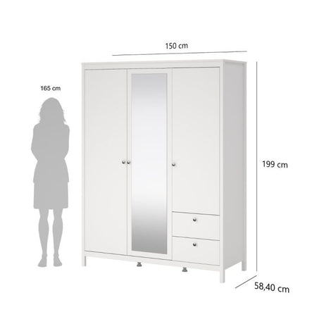 Rowan 150cm 3 Door 2 Drawer Mirrored Wardrobe-White - FurniComp