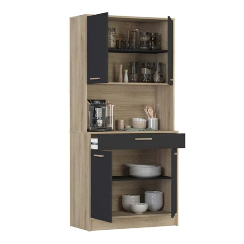 Rowan Tall Kitchen Pantry Cupboard with Microwave Shelf- Kronberg Oak & Black - FurniComp