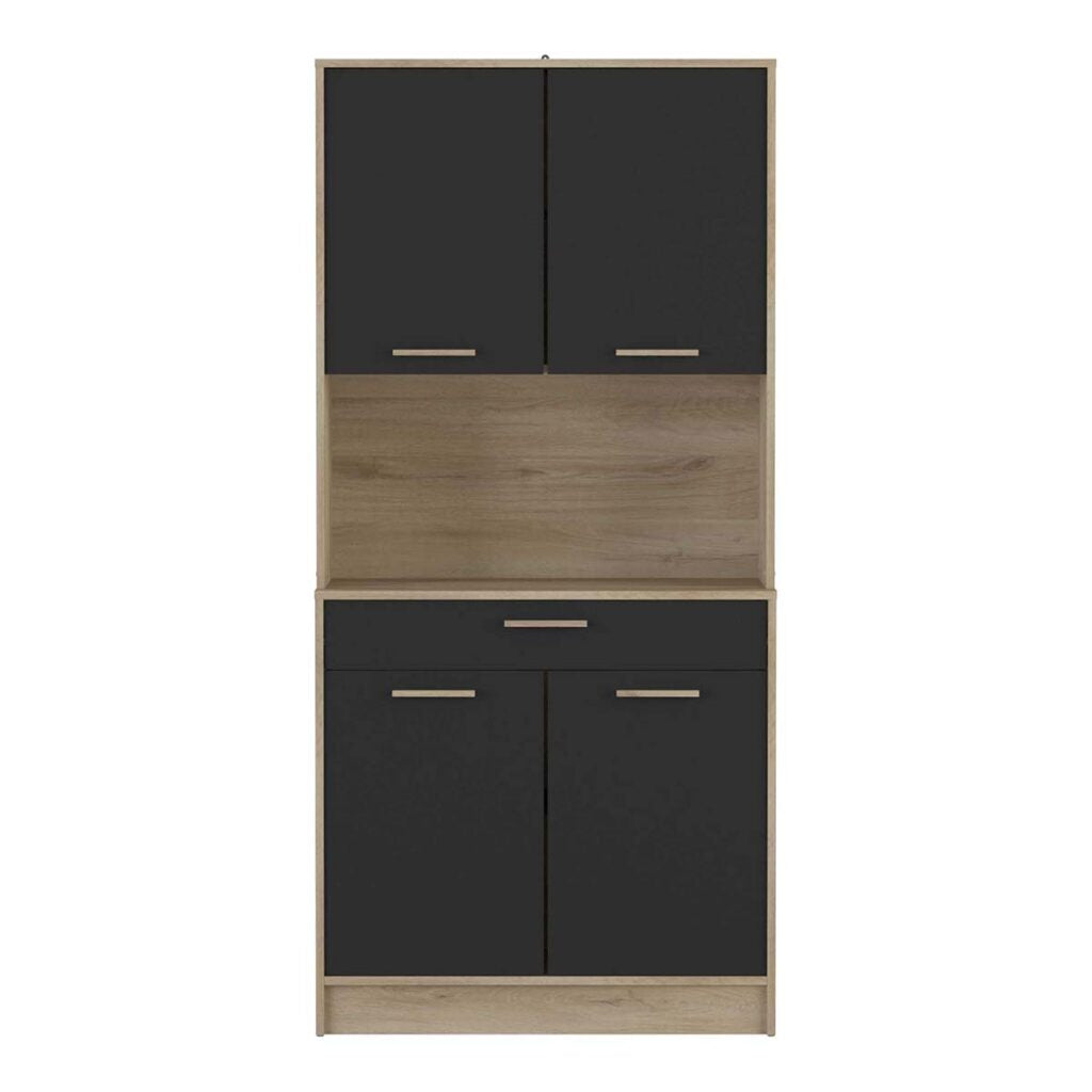 Rowan Tall Kitchen Pantry Cupboard with Microwave Shelf- Kronberg Oak & Black - FurniComp