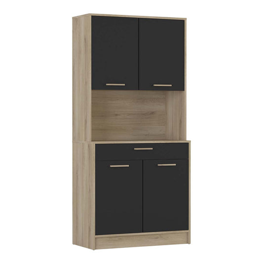 Rowan Tall Kitchen Pantry Cupboard with Microwave Shelf- Kronberg Oak & Black - FurniComp