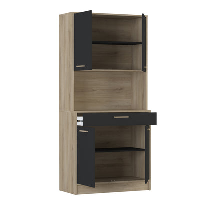 Rowan Tall Kitchen Pantry Cupboard with Microwave Shelf- Kronberg Oak & Black - FurniComp