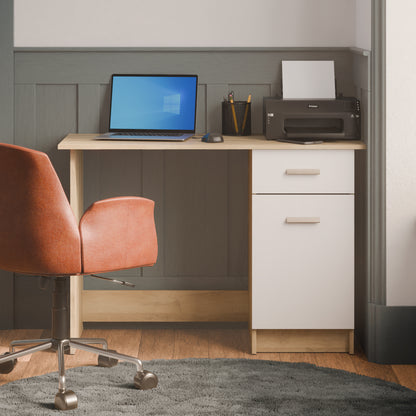 Ruben Small White and Oak Office Desk with Storage Drawer and Cupboard - FurniComp