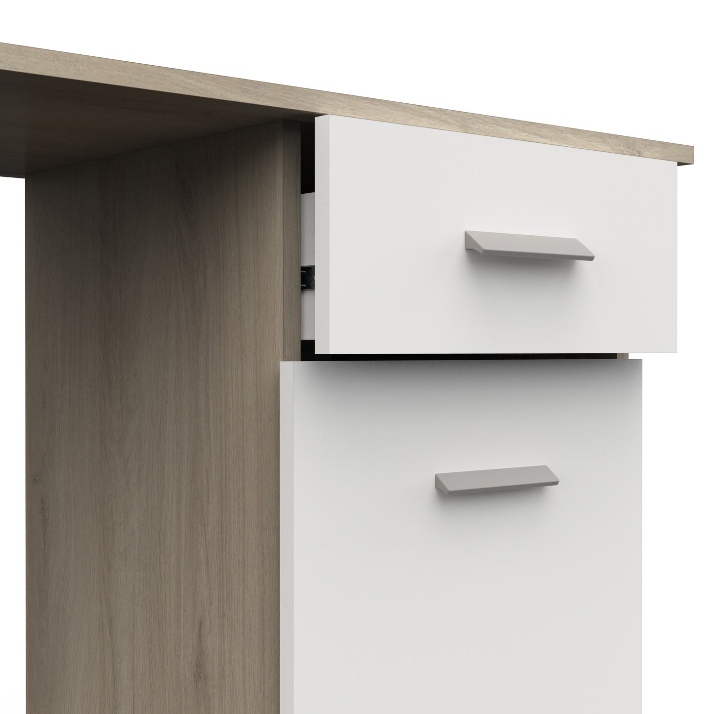 Ruben Small White and Oak Office Desk with Storage Drawer and Cupboard - FurniComp