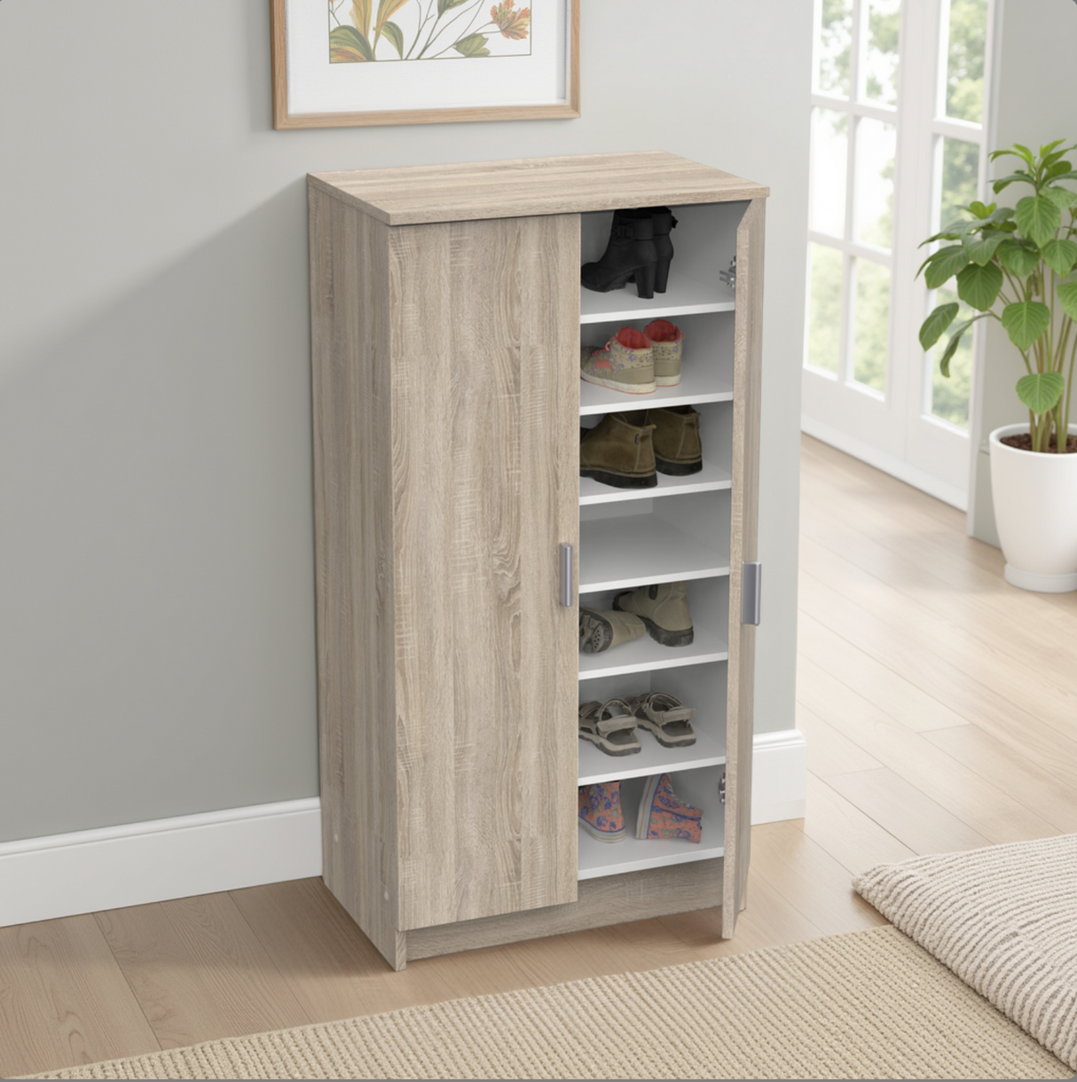 Milano Oak Effect 21 Pair Shoe Storage Cabinet with Doors - FurniComp