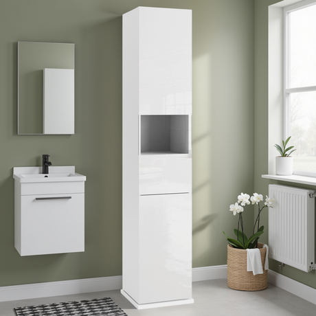 Selene 2 Door 1 Drawer Tall White Gloss Free-Standing Rotating Bathroom Cabinet - FurniComp