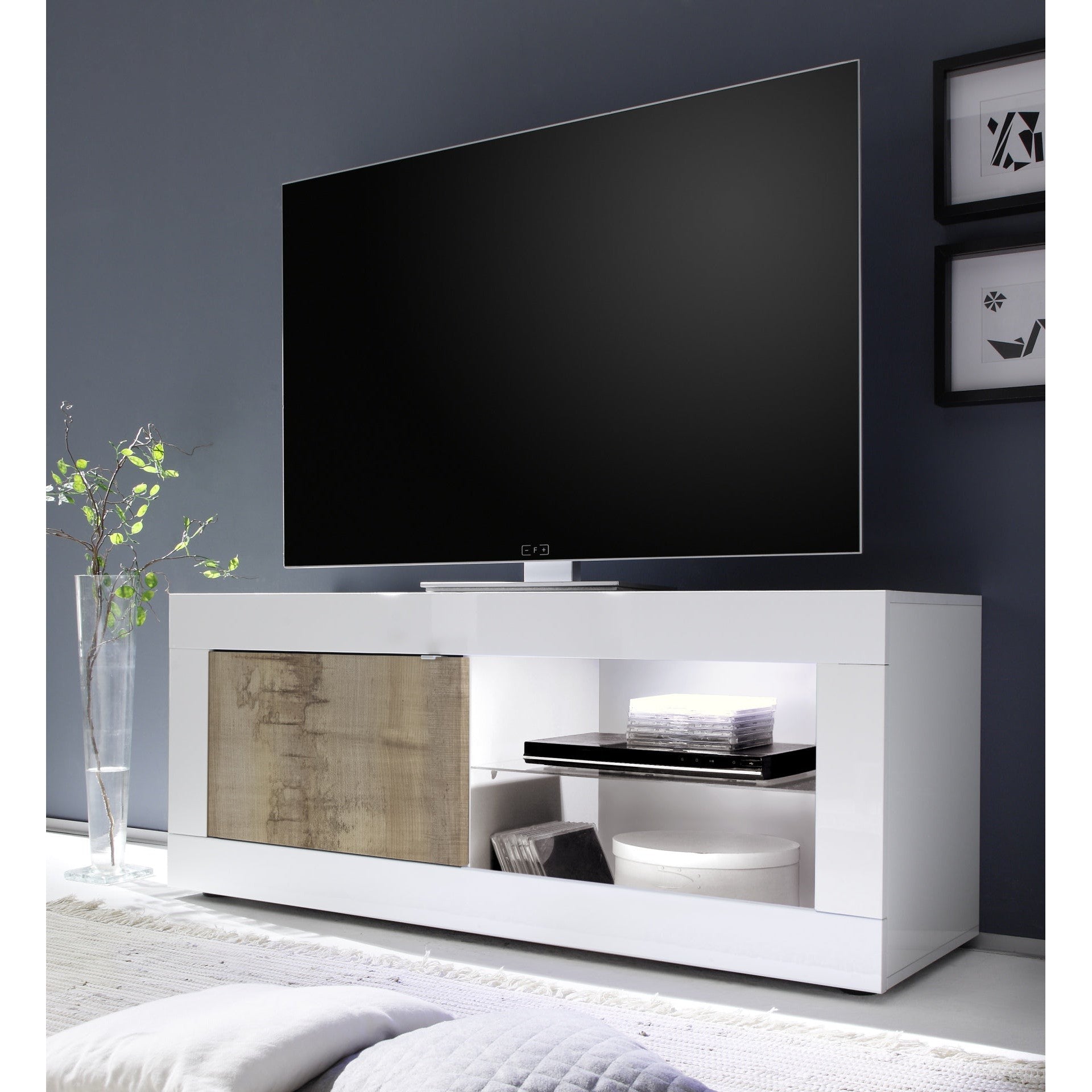 Selene 1 Door White Gloss and Pero Oak TV Stand - FurniComp