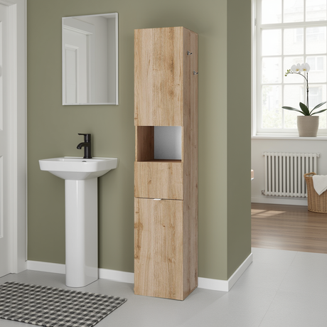 Selene 2 Door 1 Drawer Tall Cadiz Oak Free-Standing Rotating Bathroom Cabinet - FurniComp