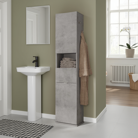 Selene 2 Door 1 Drawer Tall Concrete Grey Free-Standing Rotating Bathroom Cabinet - FurniComp