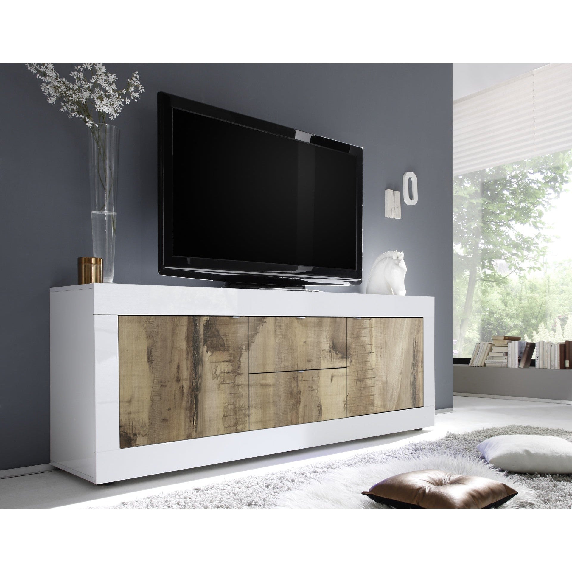 Selene Large 2 Door 2 Drawer White Gloss and Pero Oak TV Stand - FurniComp