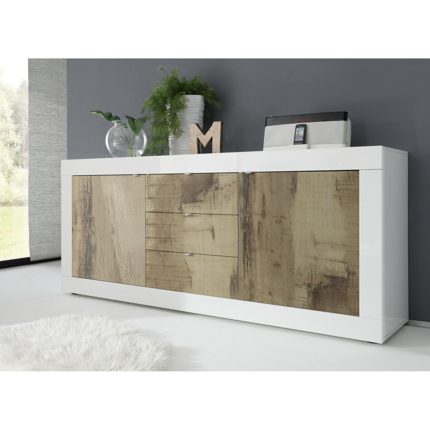 Selene 2 Door 3 Drawer White Gloss and Pero Oak Sideboard - FurniComp