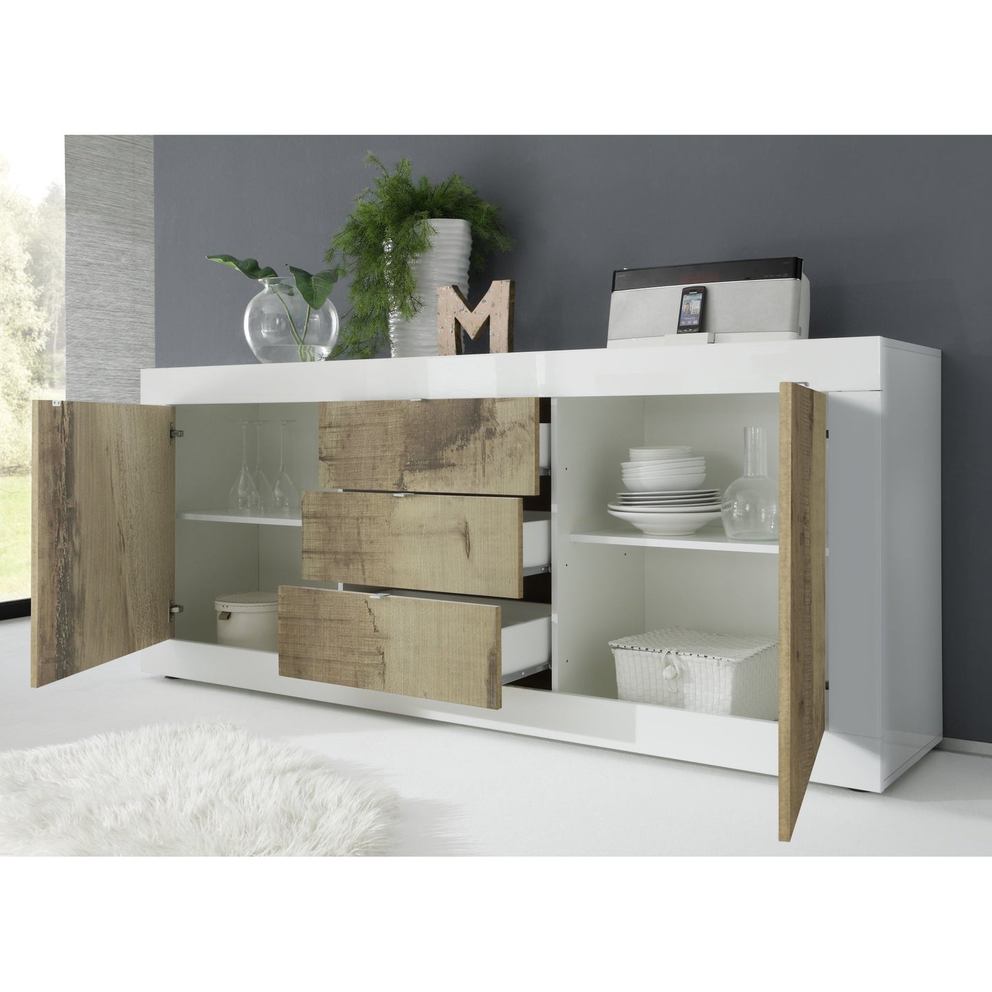 Selene 2 Door 3 Drawer White Gloss and Pero Oak Sideboard - FurniComp