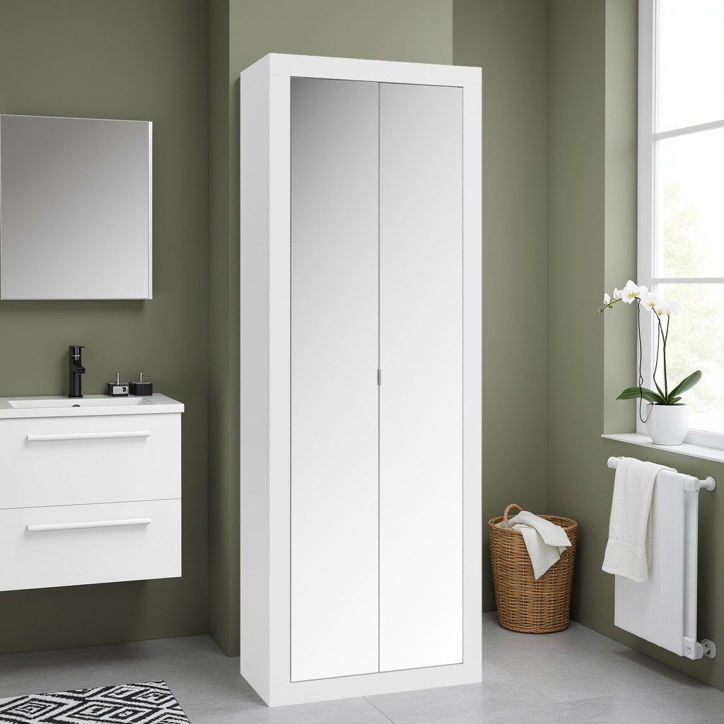 Selene 2 Door White Gloss Tall Mirrored Bathroom Storage Cupboard - FurniComp