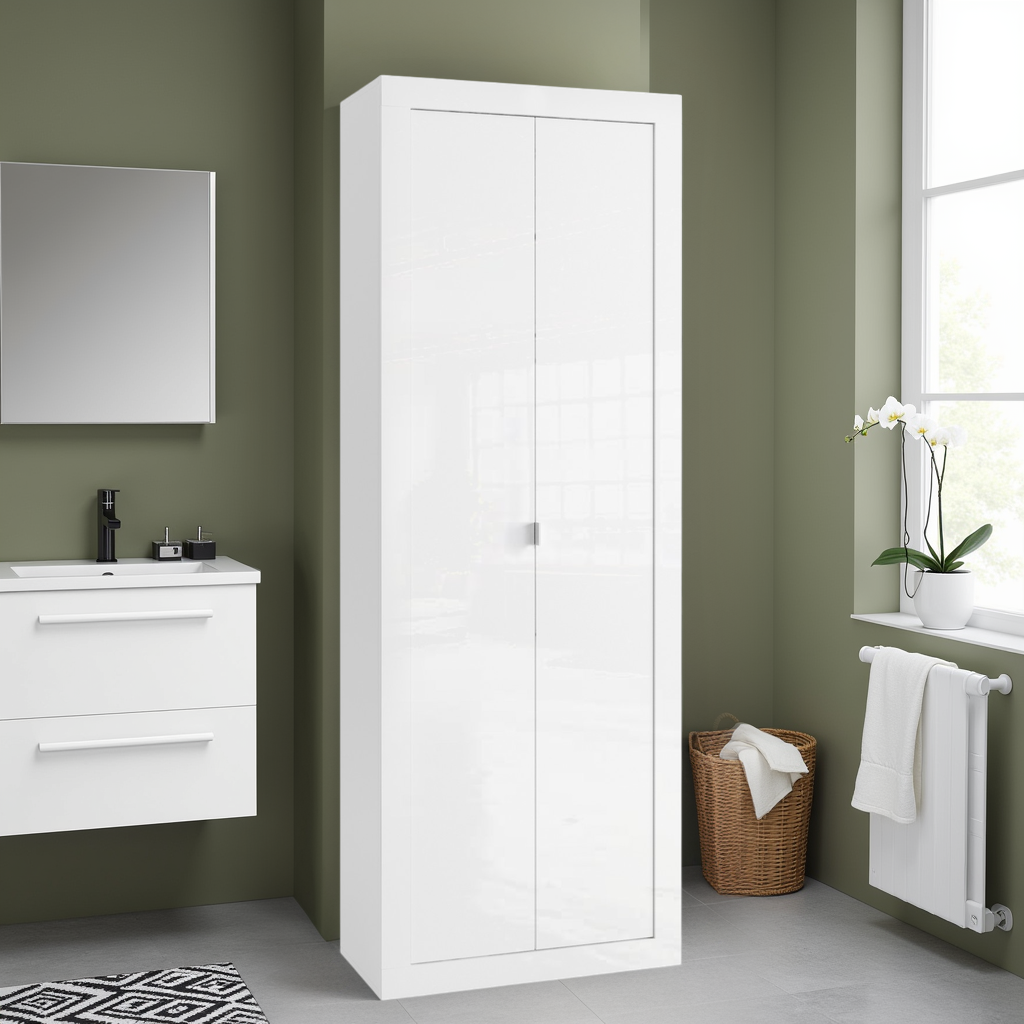 Selene 2 Door White Gloss Tall Bathroom Storage Cupboard - FurniComp
