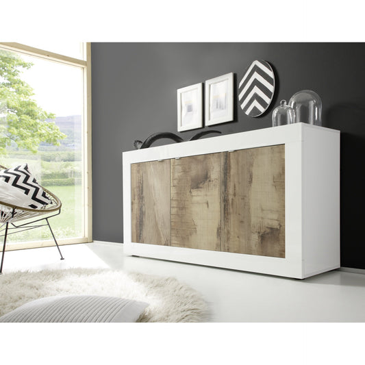 Selene 3 Door White Gloss and Pero Oak Sideboard - FurniComp