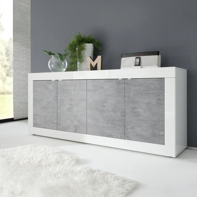 Selene 4 Door White Gloss and Concrete Grey Sideboard - FurniComp
