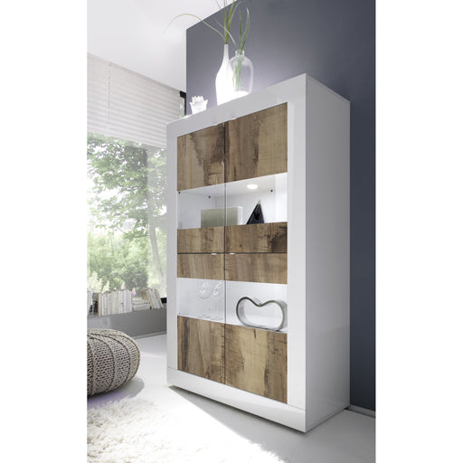 Selene Large 4 Door White Gloss and Pero Oak Glass Display Cabinet - FurniComp