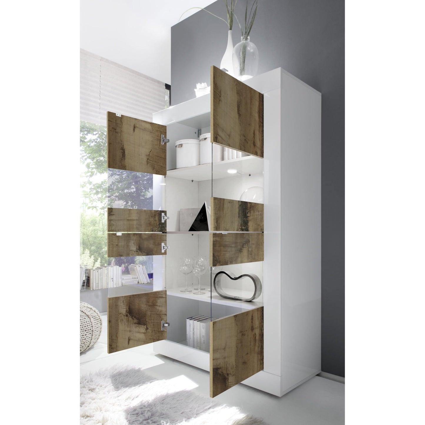 Selene Large 4 Door White Gloss and Pero Oak Glass Display Cabinet - FurniComp