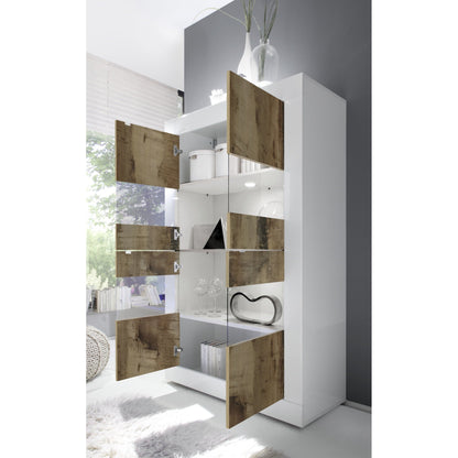 Selene Large 4 Door White Gloss and Pero Oak Glass Display Cabinet - FurniComp