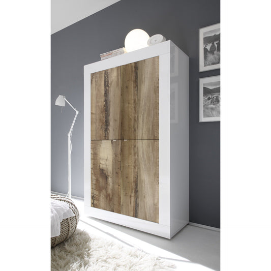 Selene 4 Door White Gloss and Pero Oak Tall Sideboard/Highboard - FurniComp