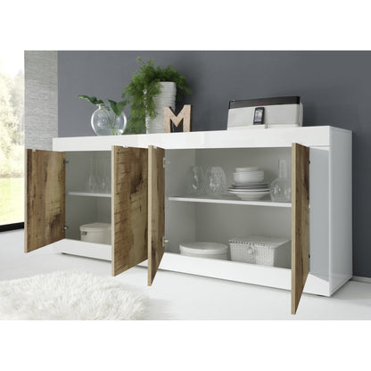 Selene Large 4 Door White Gloss and Pero Oak Sideboard - FurniComp