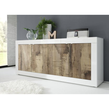 Selene Large 4 Door White Gloss and Pero Oak Sideboard - FurniComp