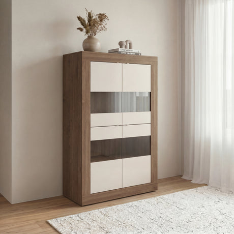 Selene Large 4 Door Cashmere & Mercure Oak Glass Display Cabinet - FurniComp