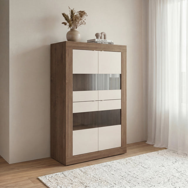 Selene Large 4 Door Cashmere & Mercure Oak Glass Display Cabinet - FurniComp