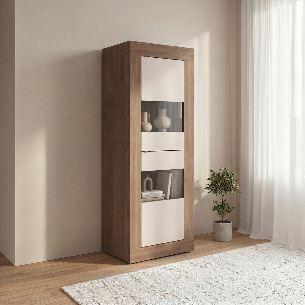 Selene Tall 2 Door Cashmere & Mercure Oak Glass Display Cabinet - FurniComp