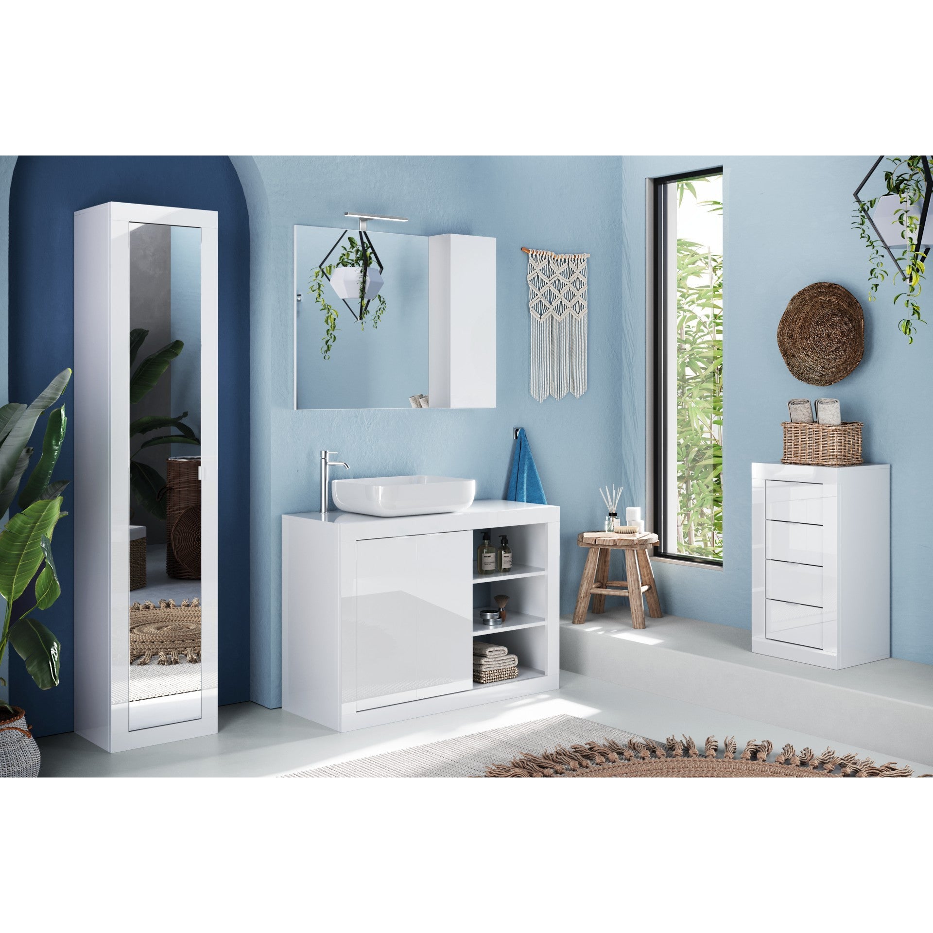 Selene White Gloss 2 Door 1100mm Free Standing Vanity Unit with Basin - FurniComp