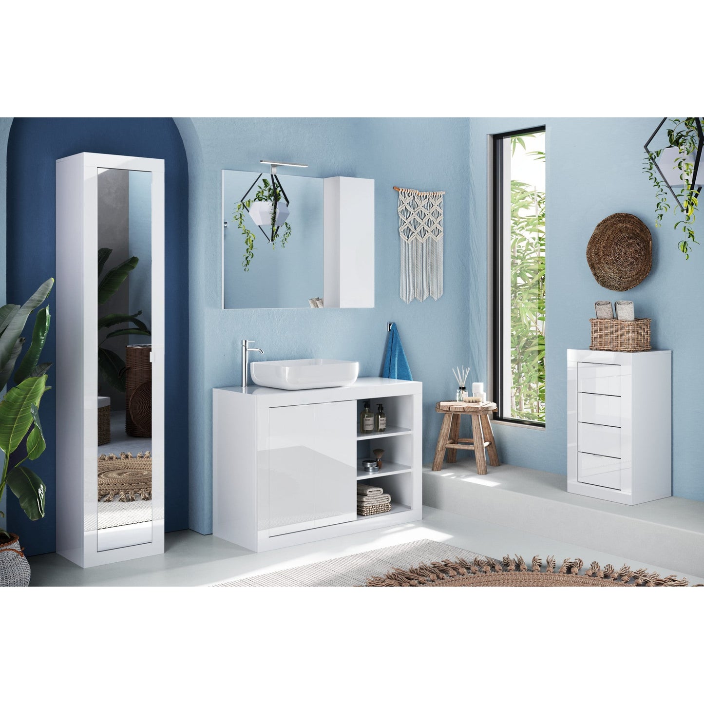 Selene White Gloss 2 Door 920mm Free Standing Vanity Unit with Basin - FurniComp