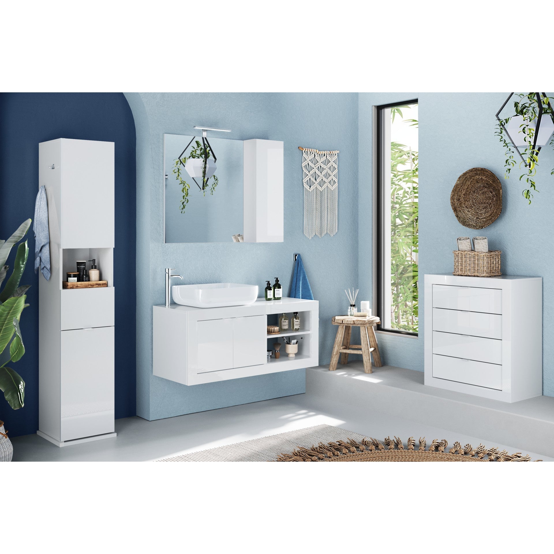 Selene White Gloss 2 Door 1100mm Wall Hung Countertop Vanity Unit with Basin - FurniComp