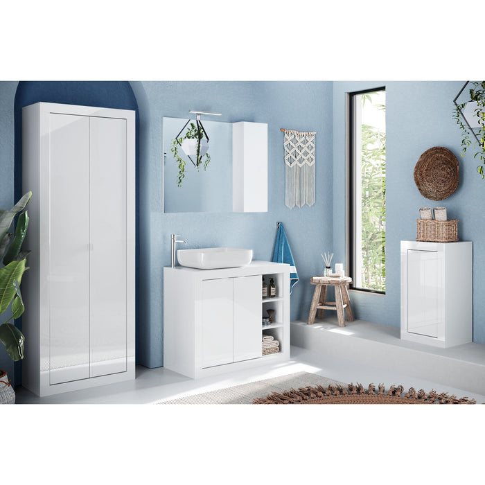Selene 2 Door White Gloss Tall Bathroom Storage Cupboard - FurniComp