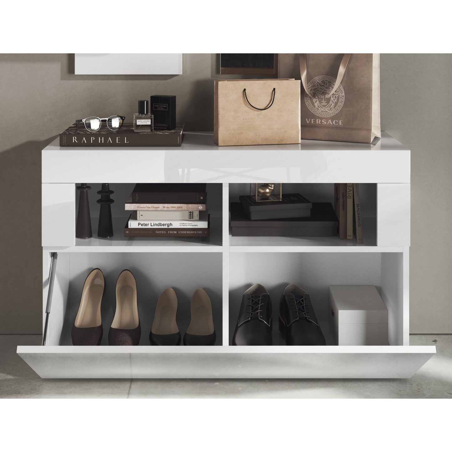 Selene White Gloss Shoe Storage Bench With Flap Door - FurniComp