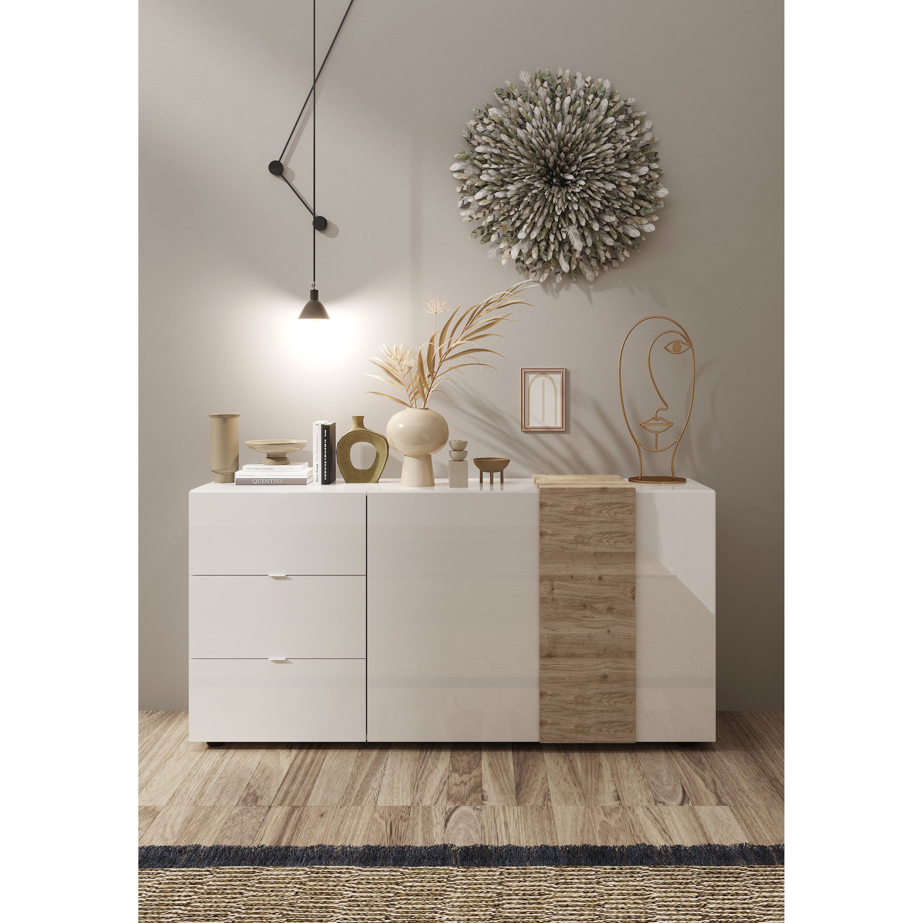 Seville 2 Door 3 Drawer White Gloss and Cadiz Oak Sideboard - FurniComp