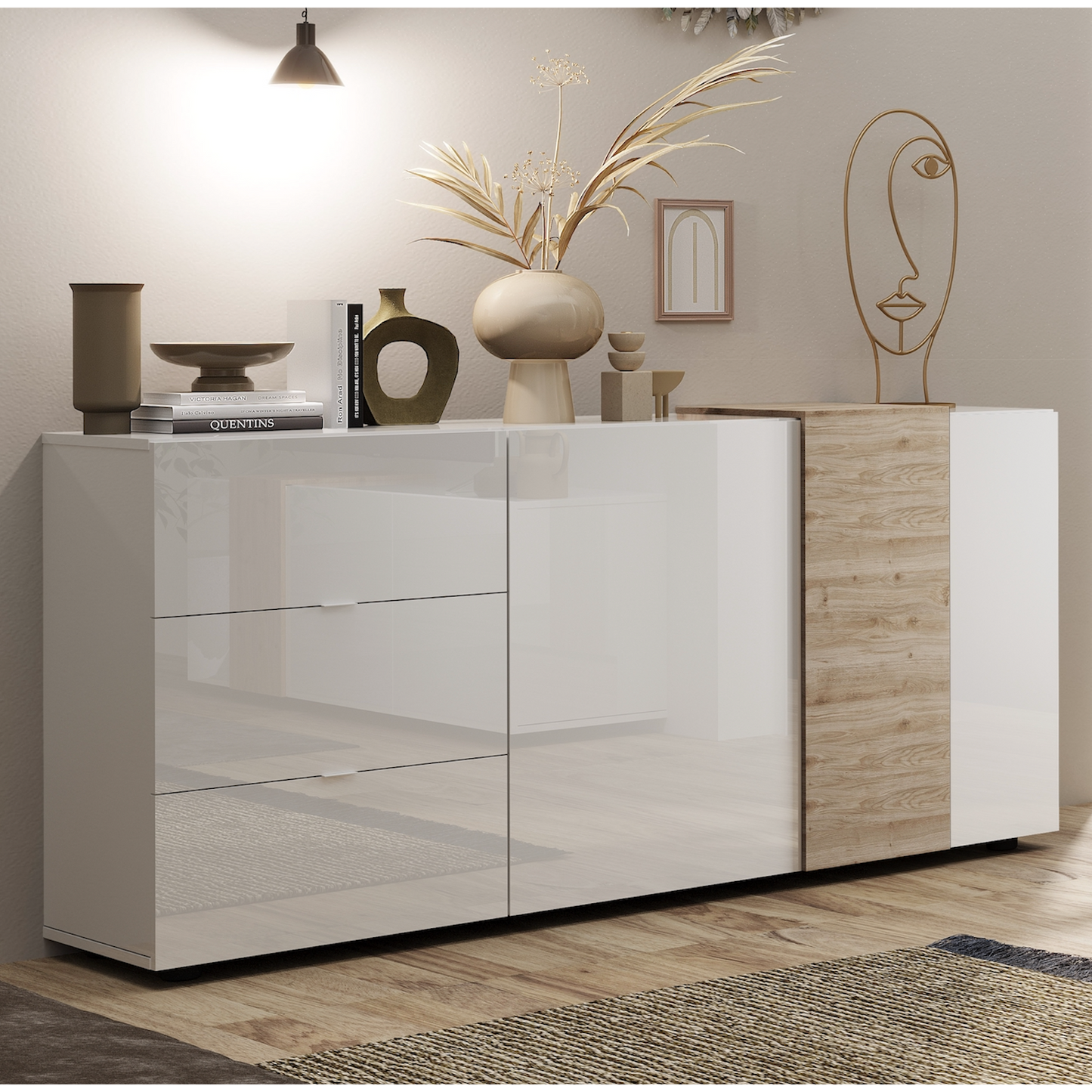 Seville 2 Door 3 Drawer White Gloss and Cadiz Oak Sideboard - FurniComp